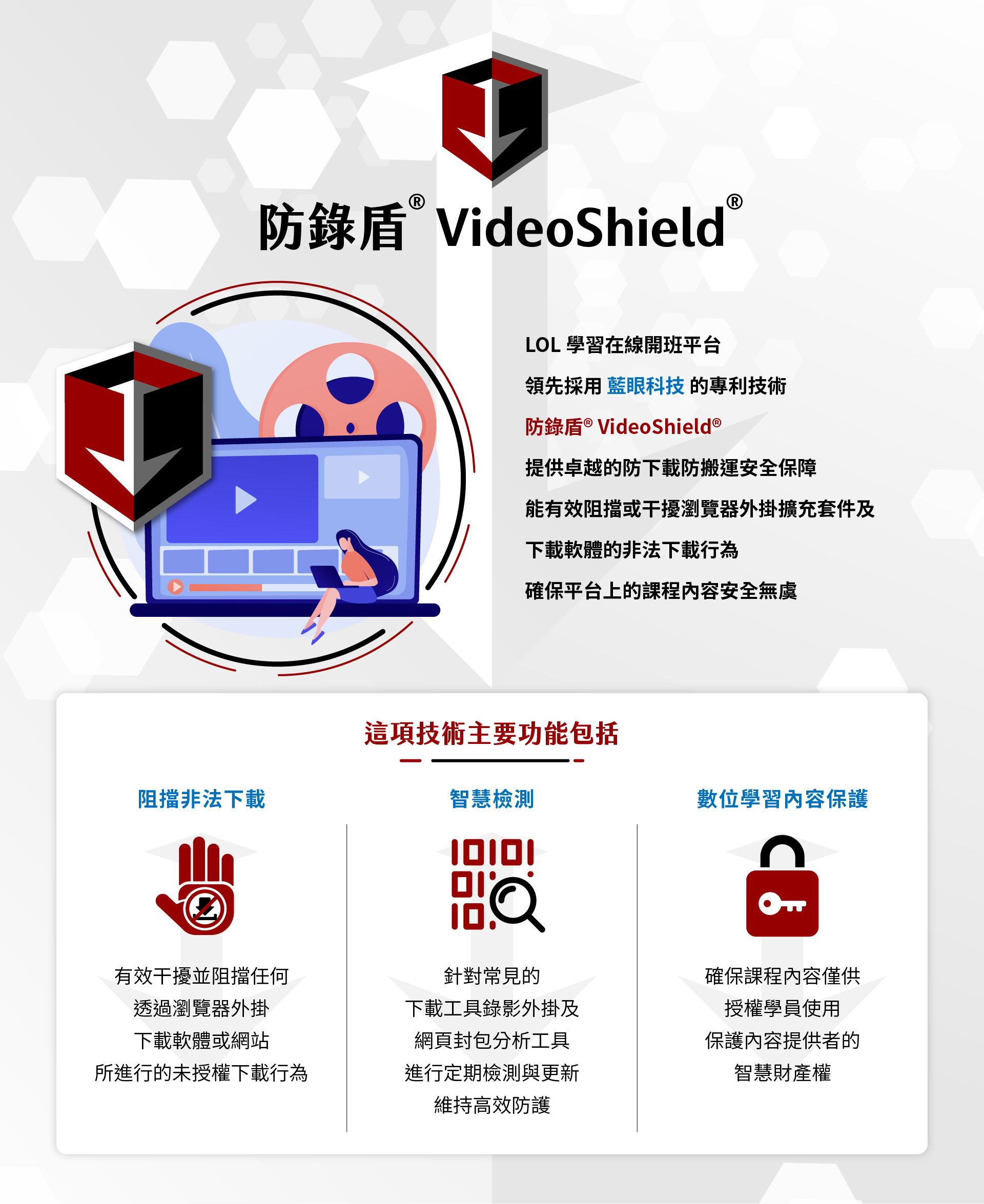 防锁盾 VideoShield 是一项领先的技术，专为LOL学习在线开班平台设计，采用了蓝眼科技的专利技术，提供卓越的下载防范机制，有效阻挡非授权下载及阻止软件下载，确保平台课程内容的安全无虞。该技术包括智能检测，针对下载工具的影响及网站外挂进行持续监测和更新，并透过数位学习内容保护来确保授权学员的学习权益。防锁盾 VideoShield 可协助企业和教育机构确保线上学习内容的完整性与保密性，从而达到更高的数位学习安全。
